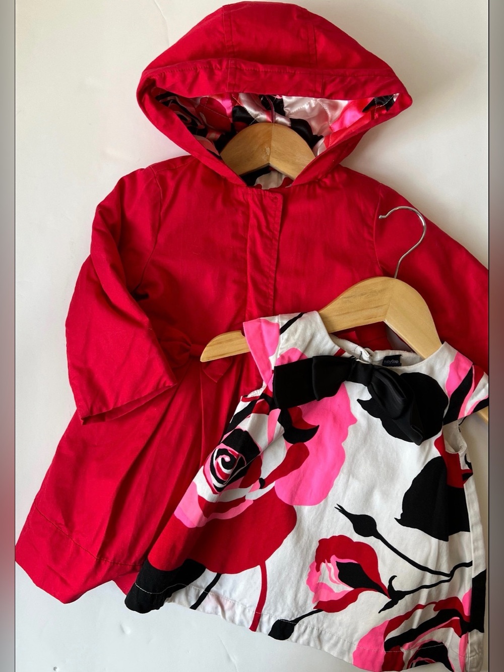 GAP Matching Set Red Hooded Coat with Pink & Black Floral Dress 12-18M